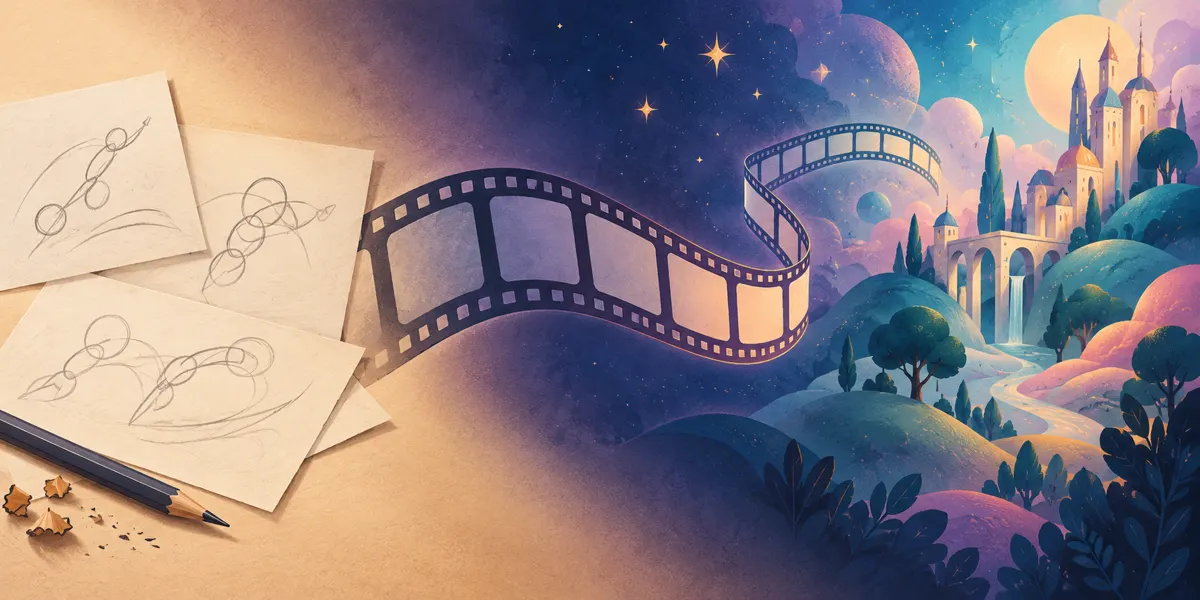 Ilustracja rozwoju animacji od rysunku na papierze do przestrzennego baśniowego świata