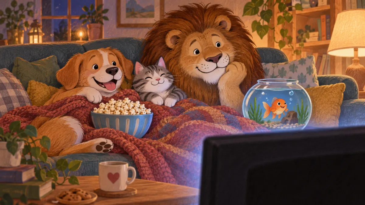 Rysunkowe zwierzęta wspólnie oglądające film na kanapie