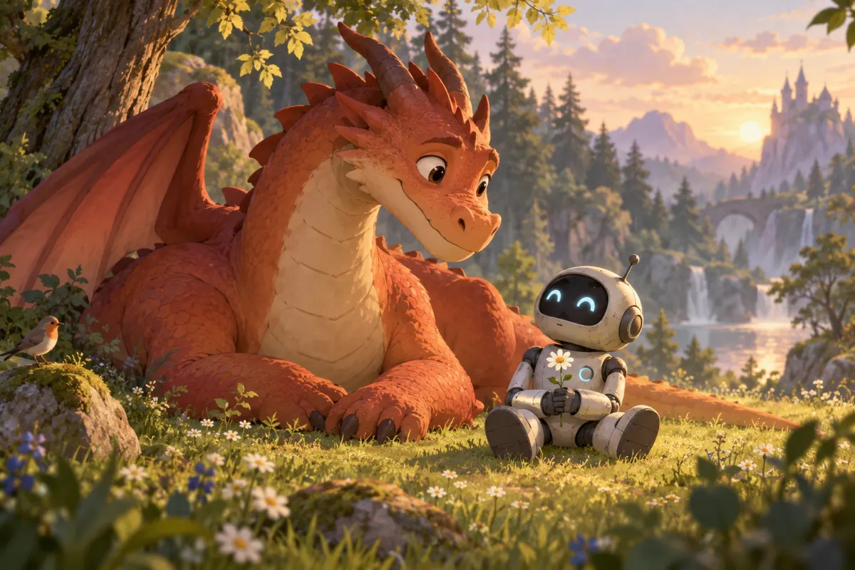Baśniowy smok i mały robot na leśnej polanie.