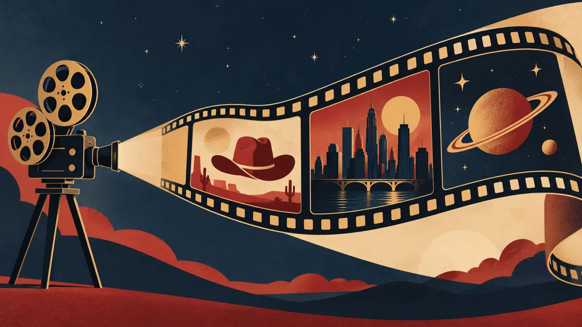 Projektor i taśma filmowa z symbolami westernu, kina miejskiego oraz kosmicznej przygody