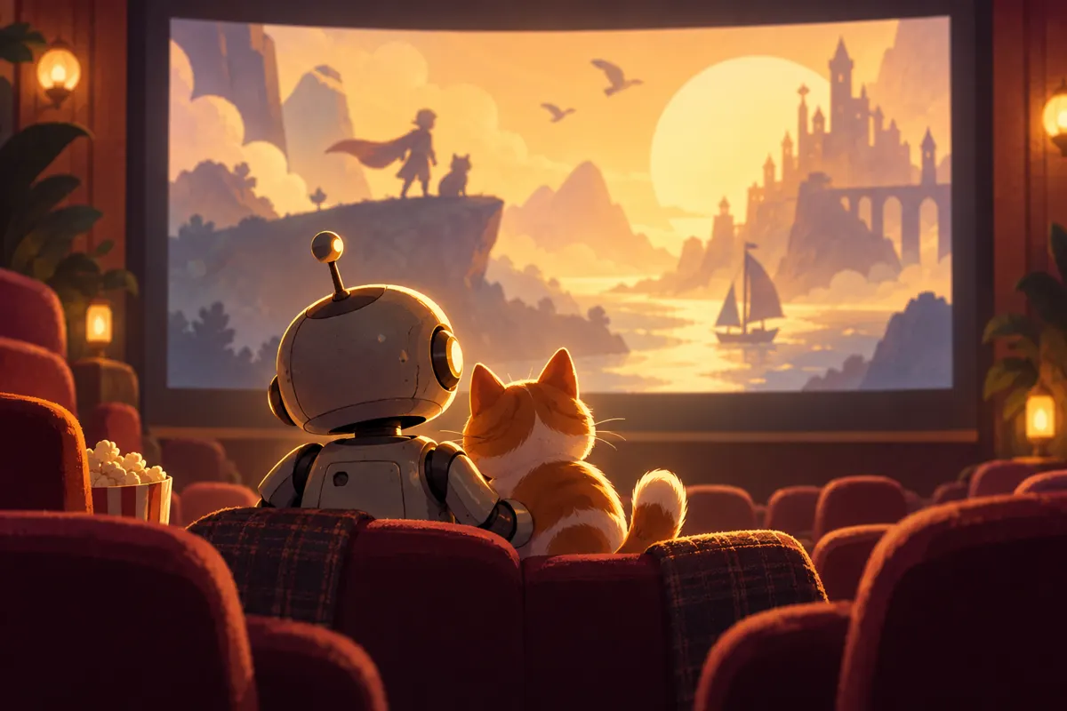 Rysunkowy robot i kot oglądający film na ekranie kinowym