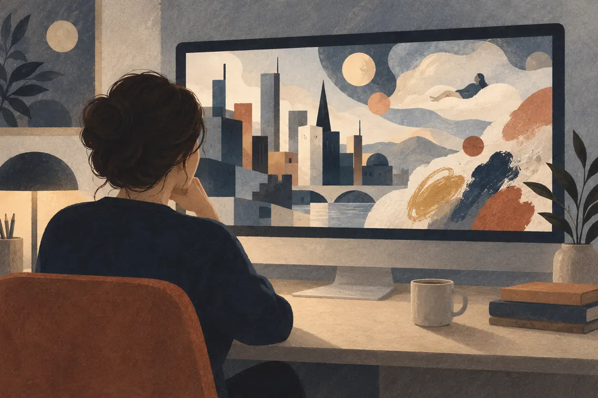 Ilustracja dorosłego widza oglądającego animację z motywami miasta i snu