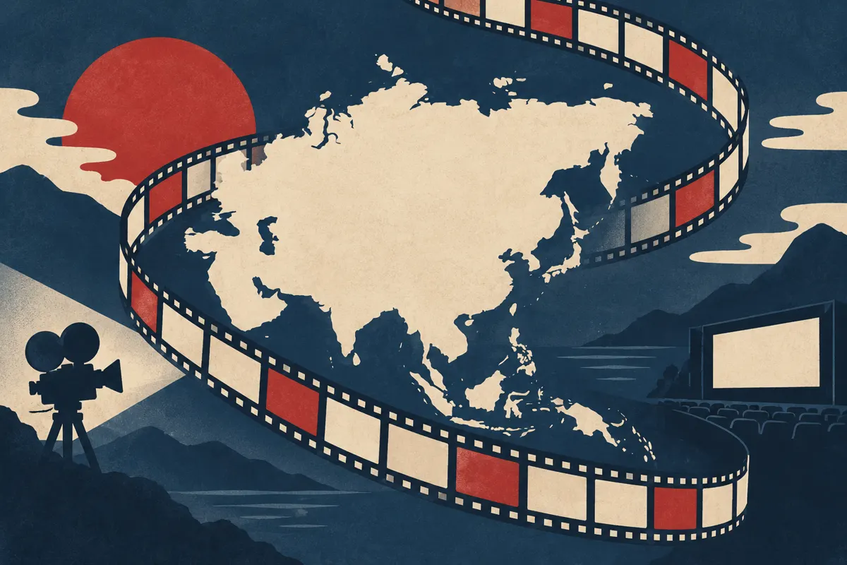 Ilustracja taśmy filmowej wokół konturu Azji symbolizująca różnorodność kina azjatyckiego.