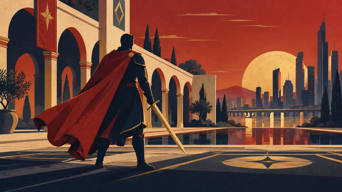 Ilustracja łącząca wojownika wuxia, tradycyjny dziedziniec i współczesne miasto.