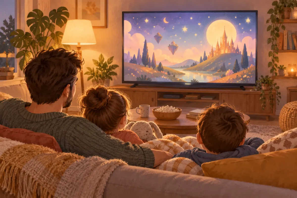 Dorosły i dwoje dzieci podczas wspólnego oglądania filmu w domu.