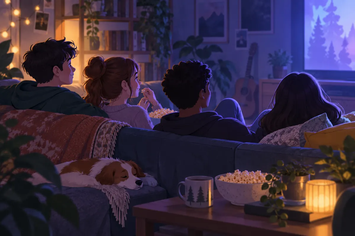 Ilustracja nastolatków wspólnie oglądających film w świetle ekranu.