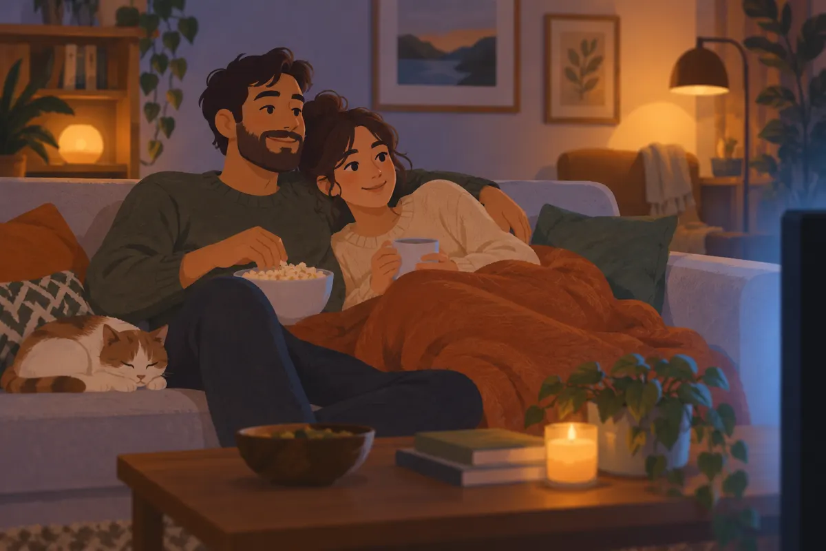 Ilustracja pary oglądającej wspólnie film na kanapie