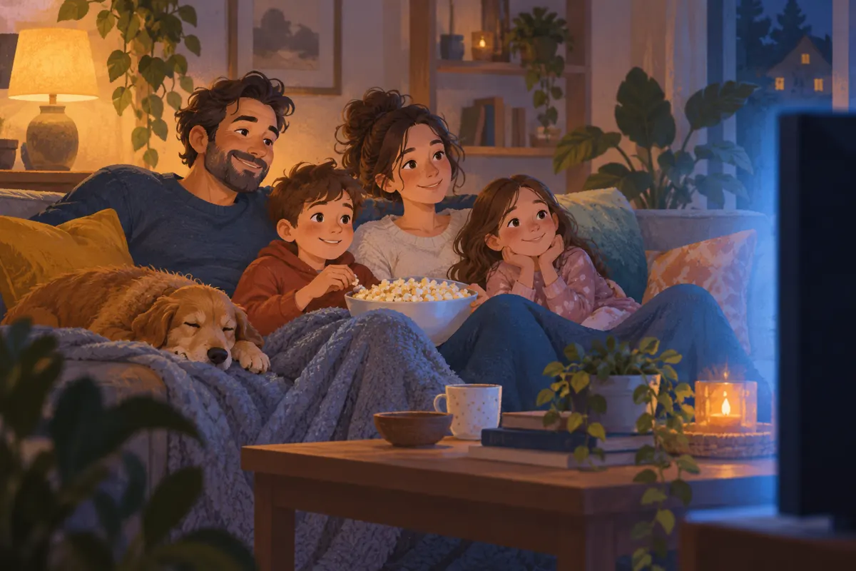 Ilustracja rodziny oglądającej wspólnie film na kanapie.