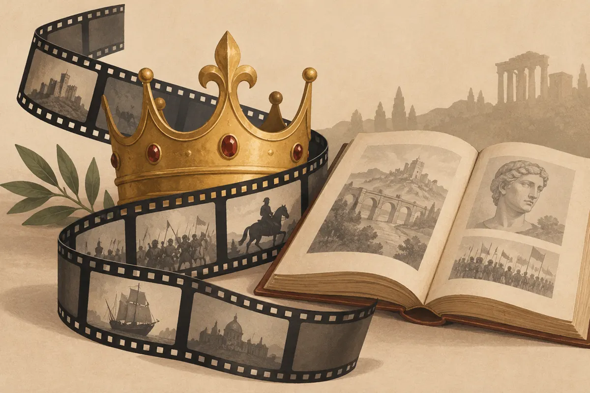 Taśma filmowa, korona i otwarta księga jako symbole filmów historycznych.