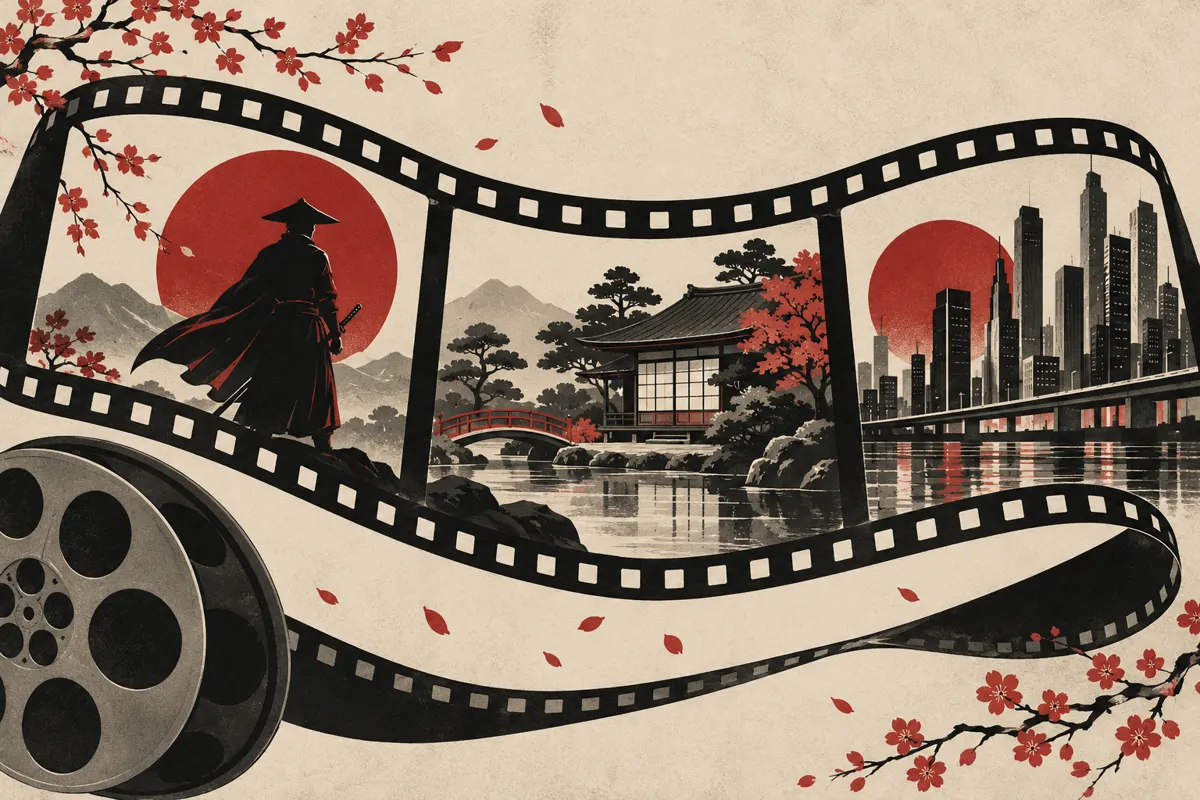 Ilustracja taśmy filmowej z motywami samuraja, japońskiego domu i współczesnego miasta