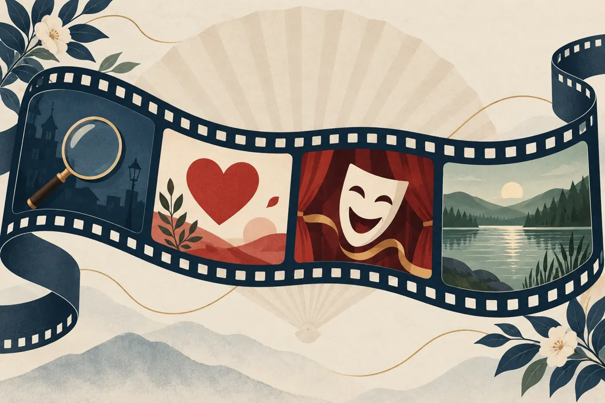 Ilustracja różnorodności koreańskiego kina z symbolami thrillera, romansu, komedii i filmu autorskiego.