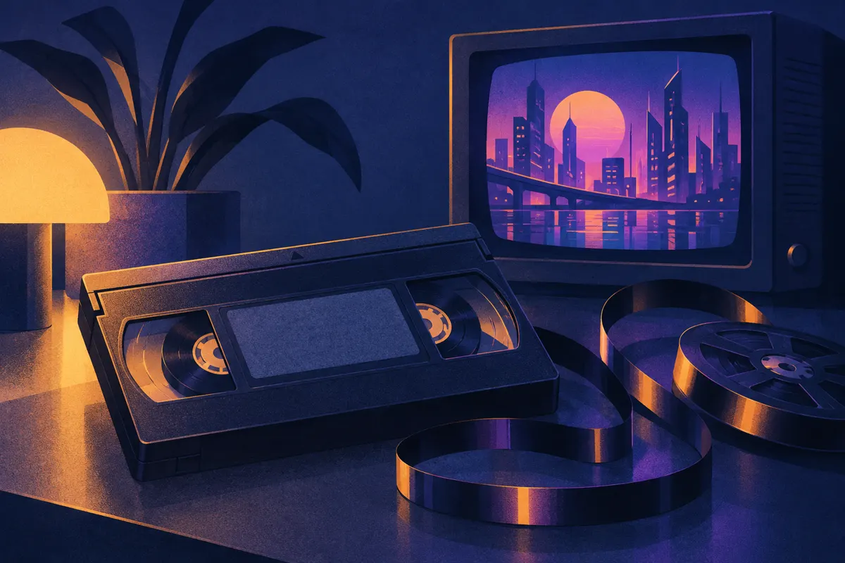 Kaseta VHS i taśma filmowa obok ekranu z neonowym miastem w stylistyce lat 80.