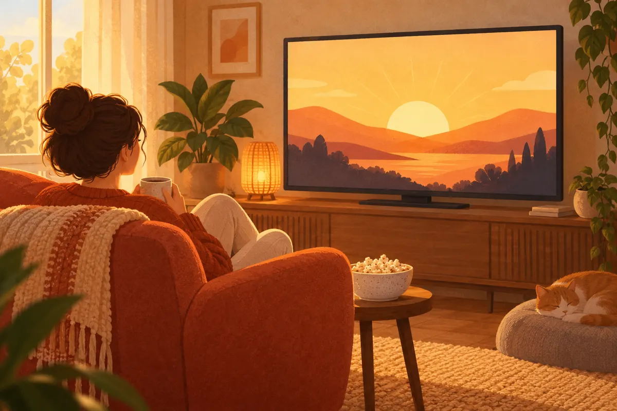 Ilustracja wieczornego seansu filmowego w ciepłych kolorach, z motywem wschodzącego słońca na ekranie.