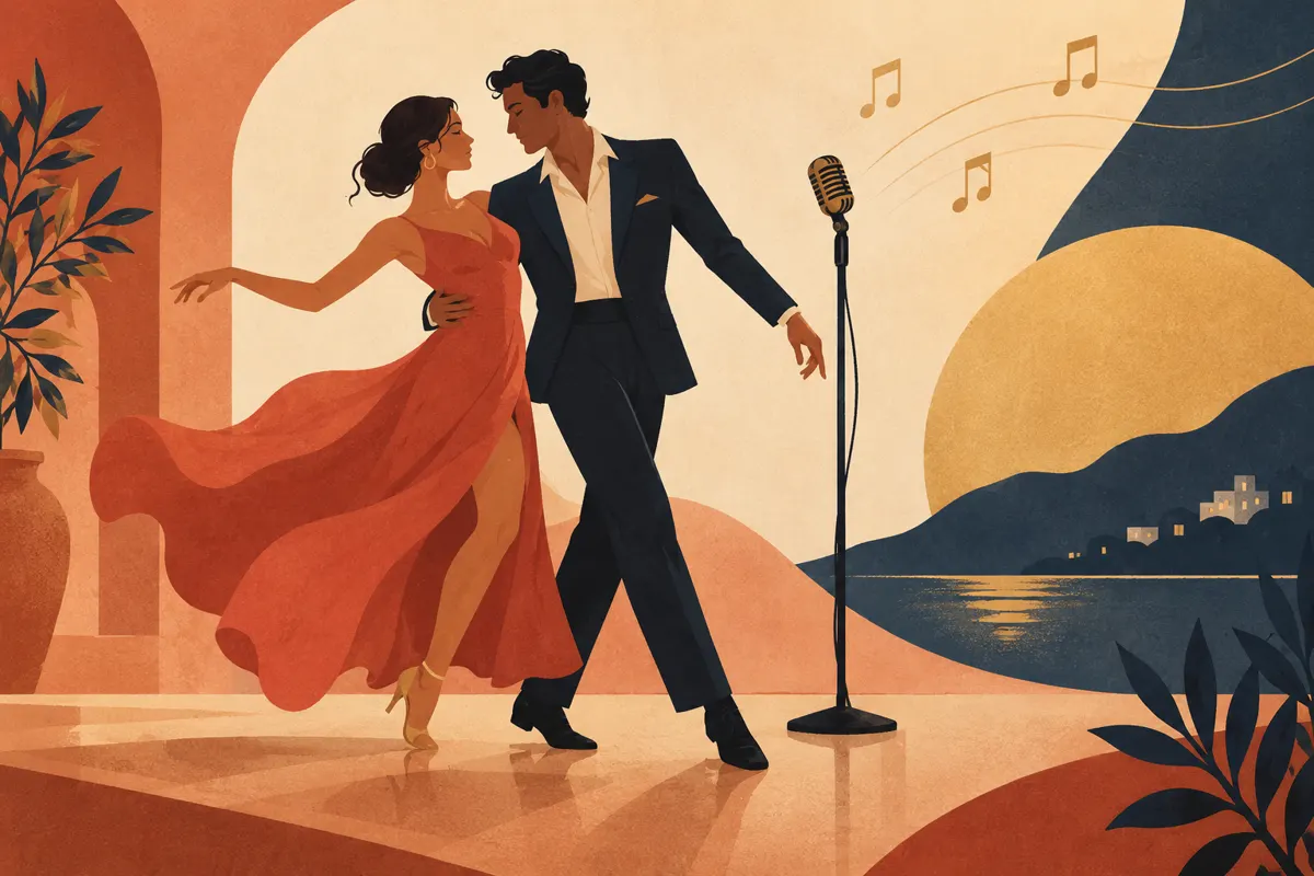 Ilustracja tancerzy i mikrofonu symbolizujących kino muzyczne i taneczne