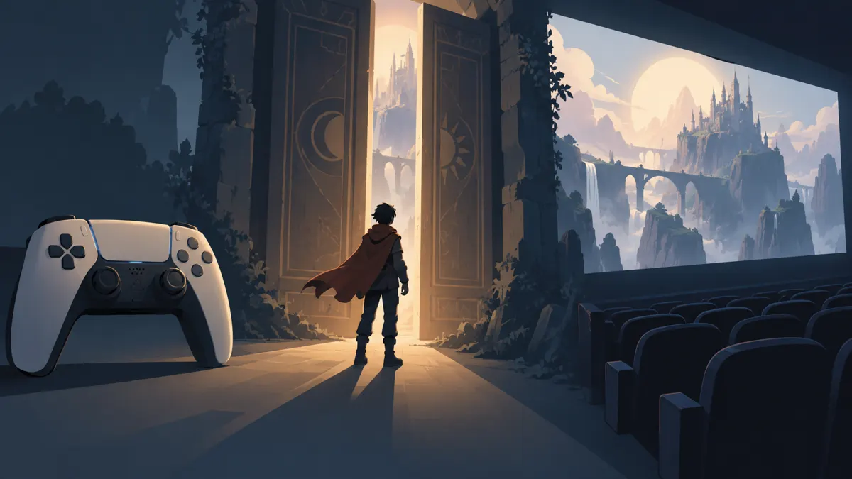 Kontroler i ekran kinowy połączone ilustracją przygodowej sceny