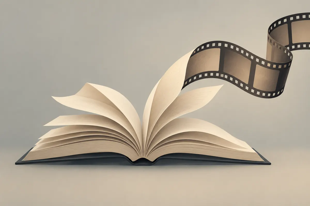 Otwarta książka z kartkami przechodzącymi w taśmę filmową.