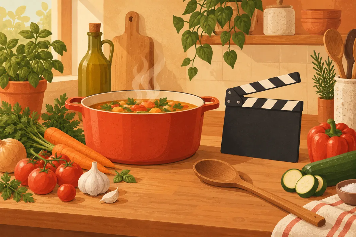 Garnek, warzywa i drewniana łyżka obok klapsa filmowego na kuchennym blacie