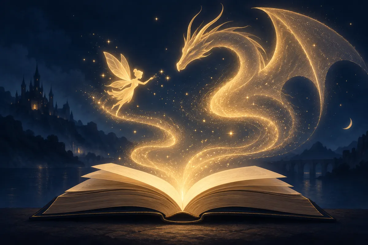 Otwarta księga z magicznym światłem, wróżką i sylwetką smoka.