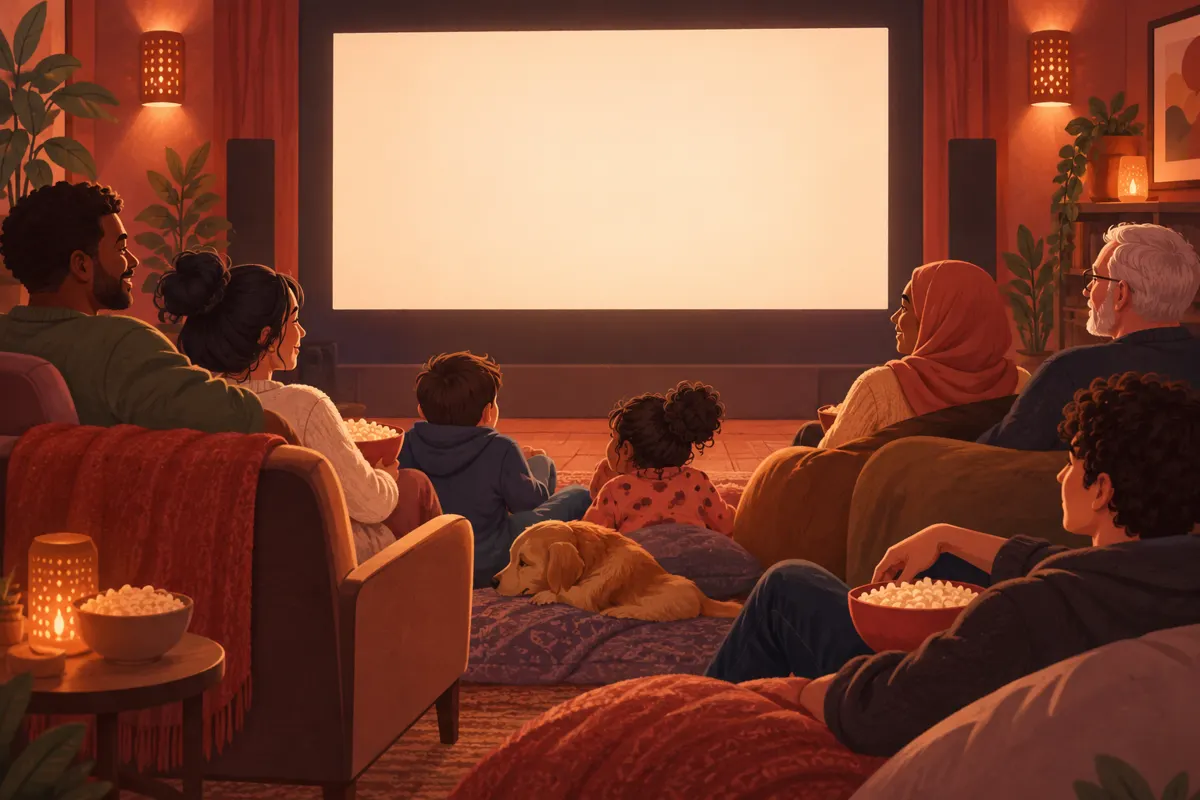 Ilustracja przyjaciół w różnym wieku oglądających razem film