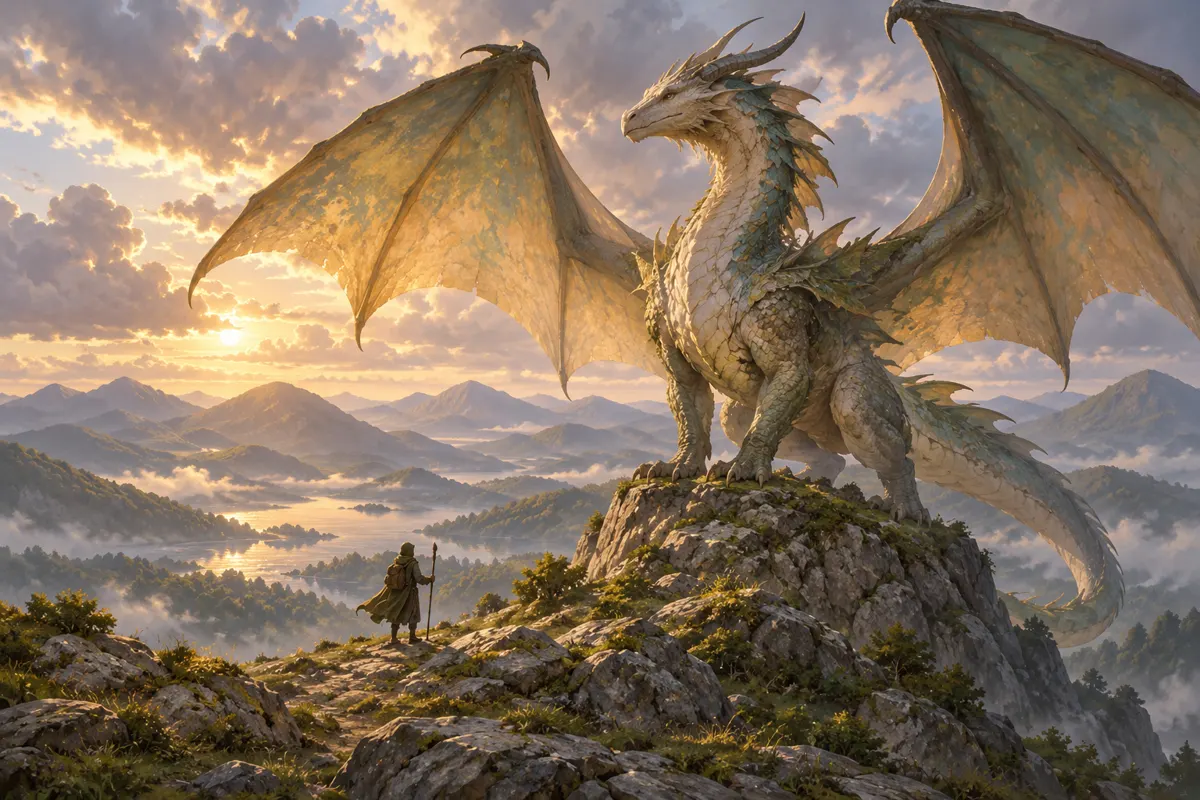 Smok z rozłożonymi skrzydłami i podróżnik w górskim krajobrazie fantasy.