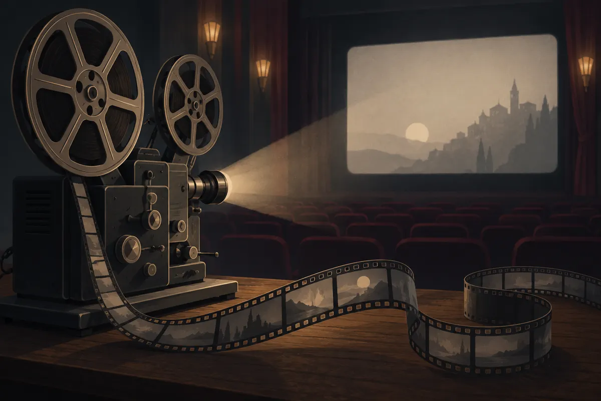 Ilustracja projektora i taśmy filmowej nawiązująca do polskiego kina okresu PRL.