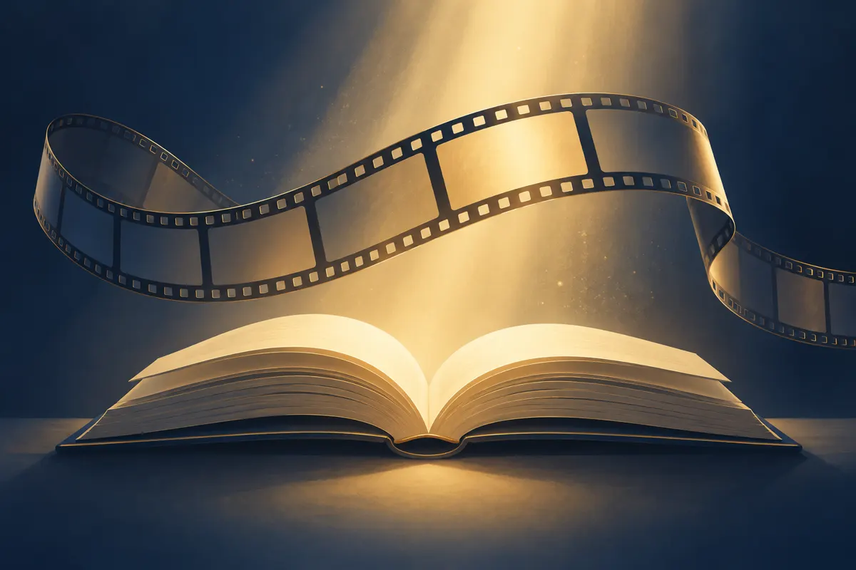 Ilustracja taśmy filmowej i otwartej księgi w ciepłym świetle, symbolizująca kino wiary.