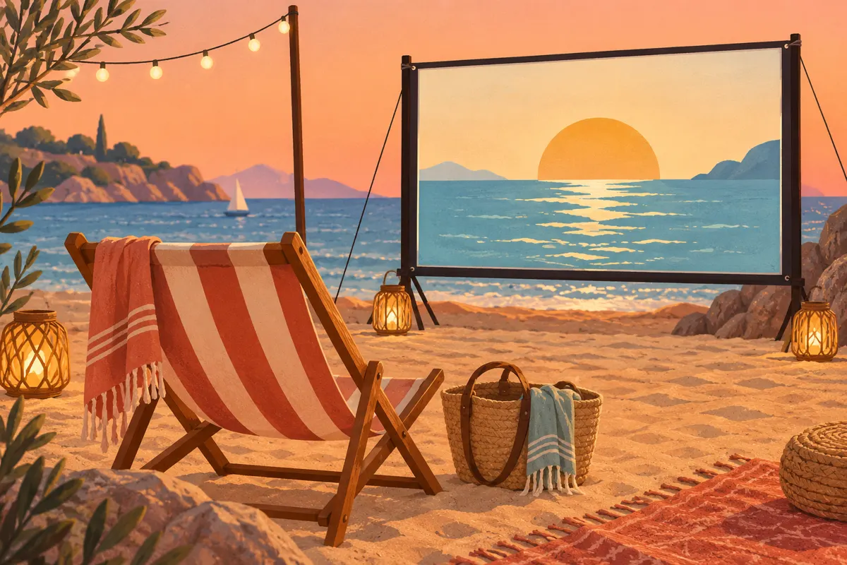 Ilustracja leżaka, ekranu kinowego i torby podróżnej na słonecznej plaży