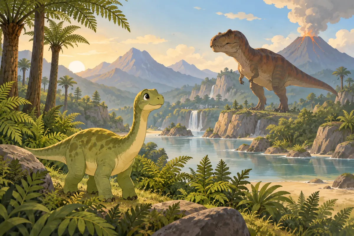 Ilustracja małego roślinożernego dinozaura i dużego drapieżnika wśród prehistorycznej roślinności.