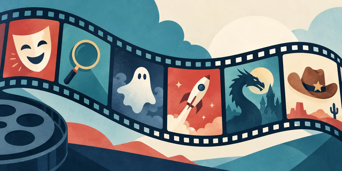 Ilustracja taśmy filmowej z symbolami komedii, kryminału, horroru, science fiction, fantasy i westernu.