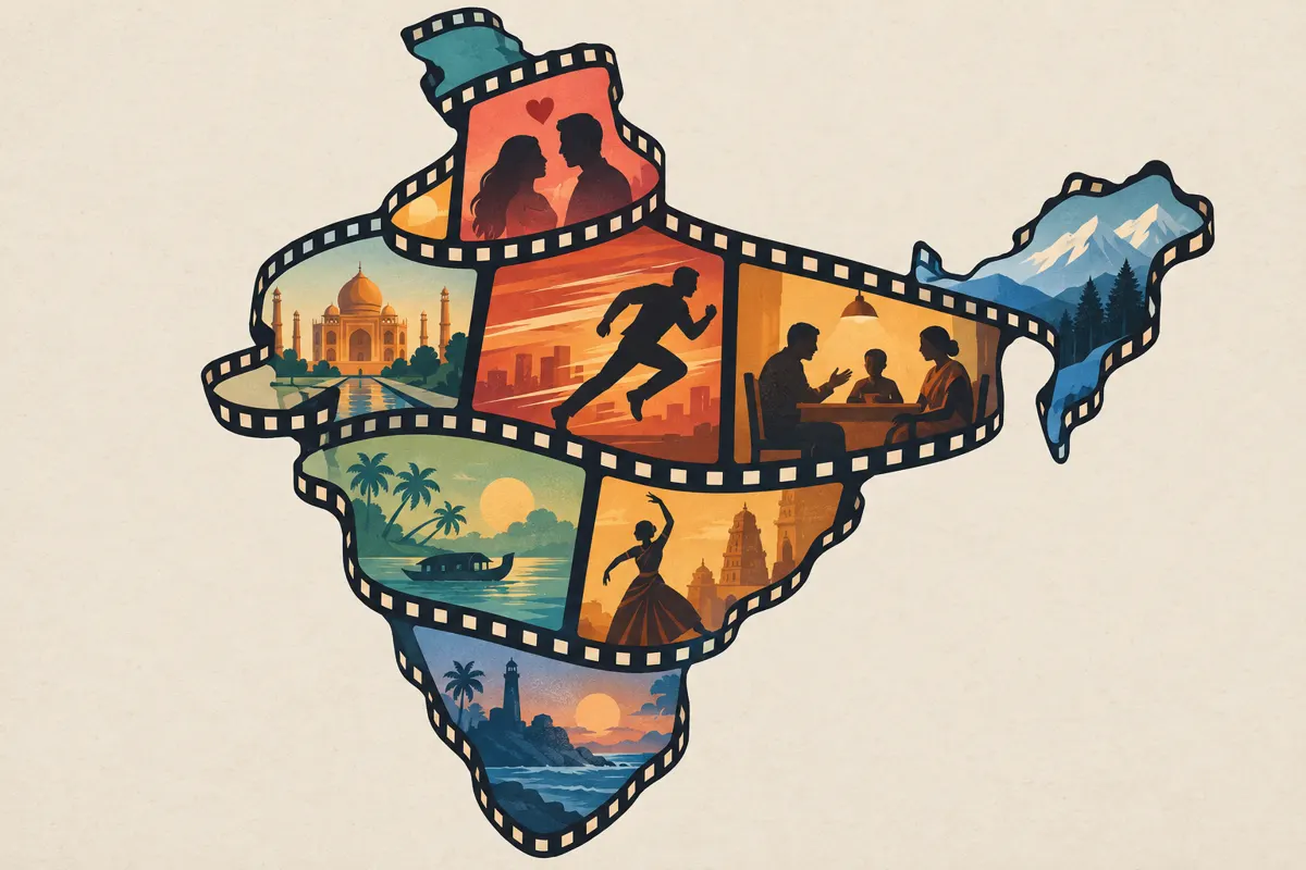 Ilustracja taśmy filmowej w kształcie Indii z symbolami różnych gatunków kina.