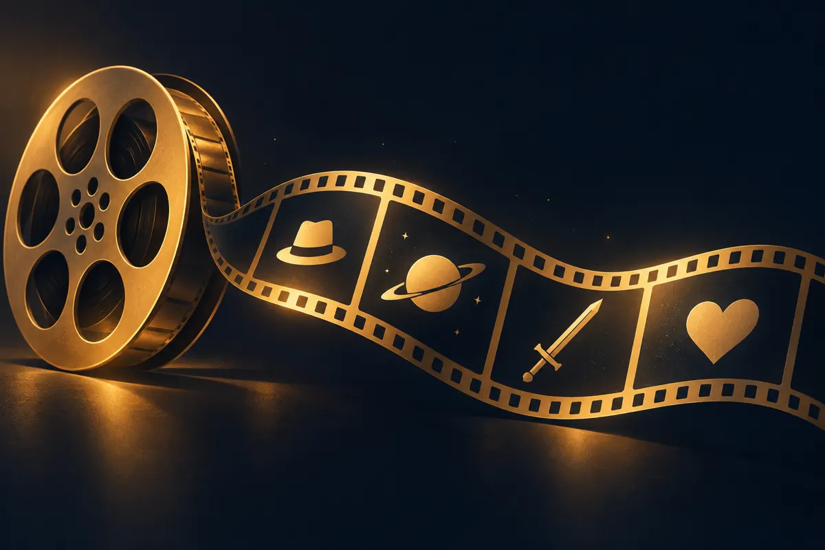 Rolka taśmy filmowej z symbolami przygody, science fiction, kina samurajskiego i romansu.