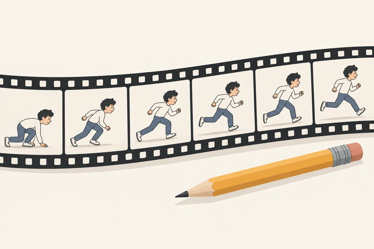 Kolejne fazy ruchu rysunkowej postaci na taśmie filmowej