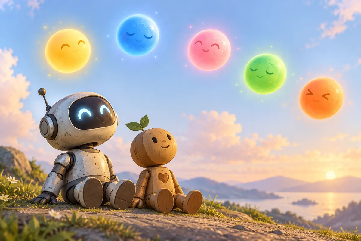 Robot i zabawka wśród kolorowych kul symbolizujących wyobraźnię i emocje w animacji.