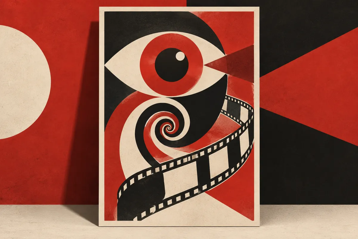 Ilustracja plakatu filmowego z abstrakcyjnym okiem, spiralą i taśmą filmową