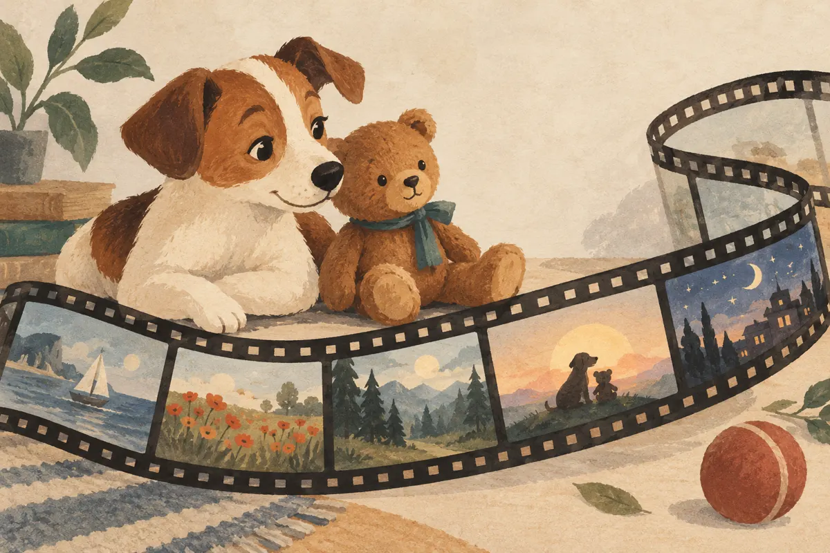 Ilustracja różnych technik animacji: rysunku, lalki i malarstwa na taśmie filmowej.