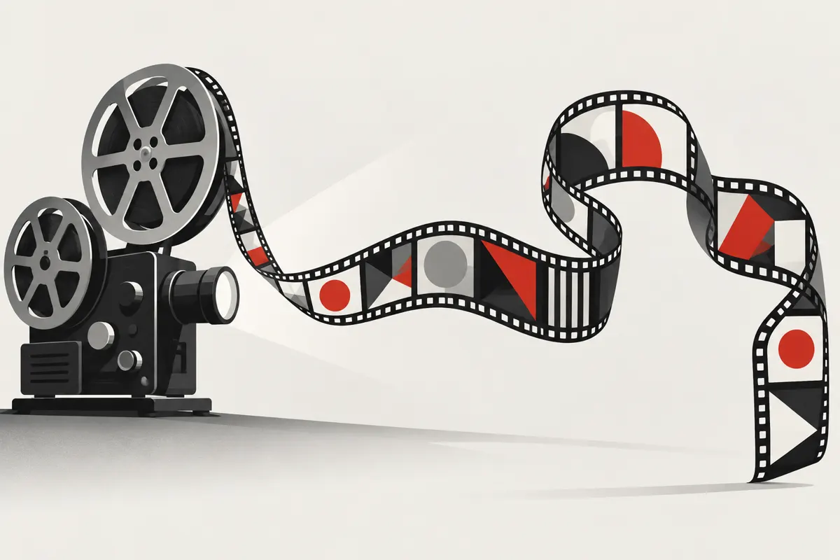 Ilustracja projektora i taśmy filmowej nawiązująca do historii polskiego kina