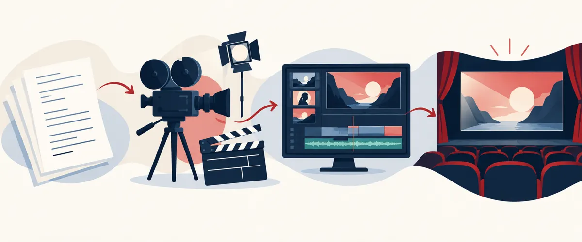 Ilustracja etapów produkcji filmu od scenariusza przez zdjęcia i montaż do pokazu kinowego.