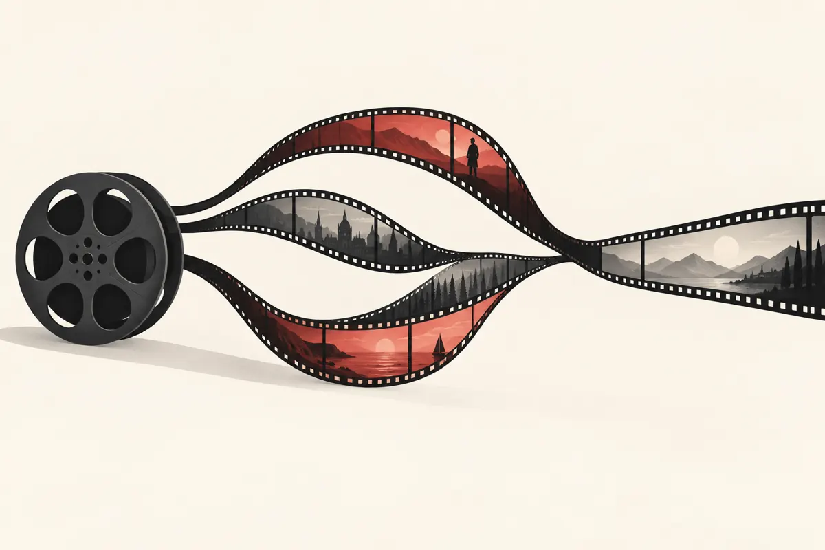 Taśmy filmowe rozgałęziające się i łączące jako symbol kontynuacji oraz wspólnego uniwersum.
