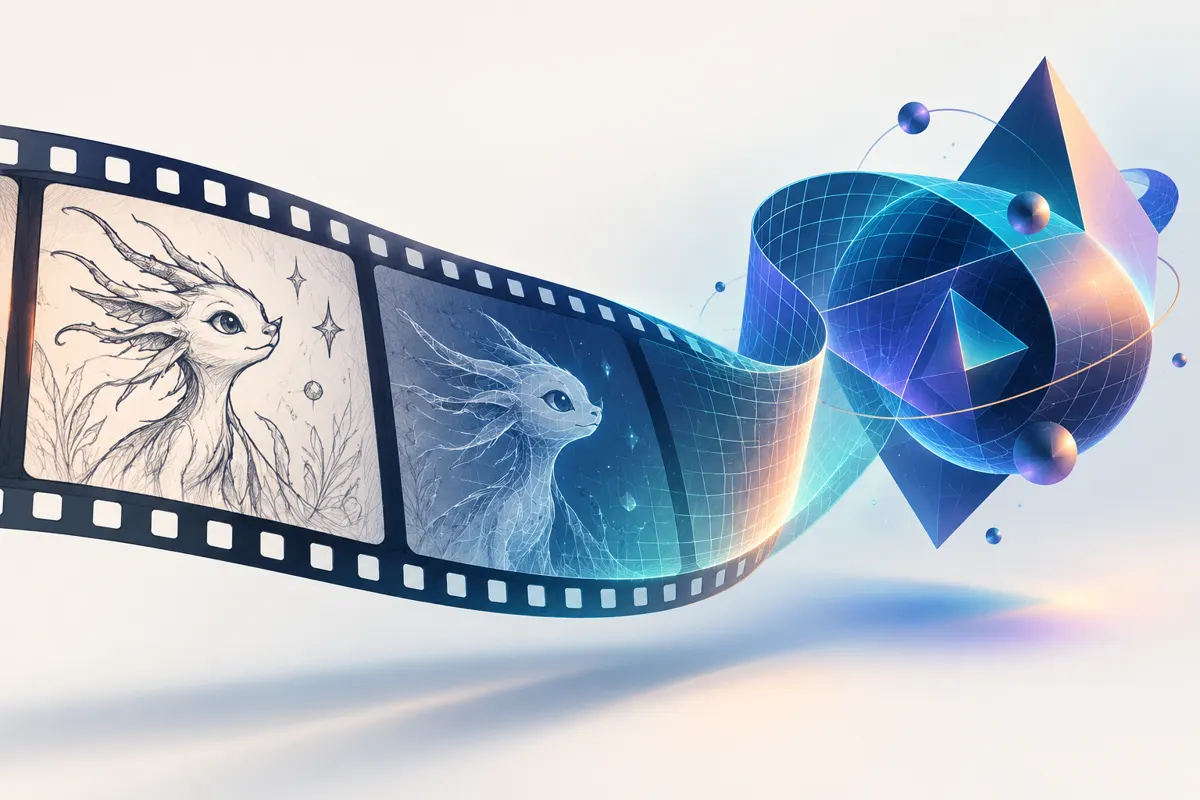 Ilustracja taśmy filmowej pokazującej przejście od animacji rysunkowej do komputerowej