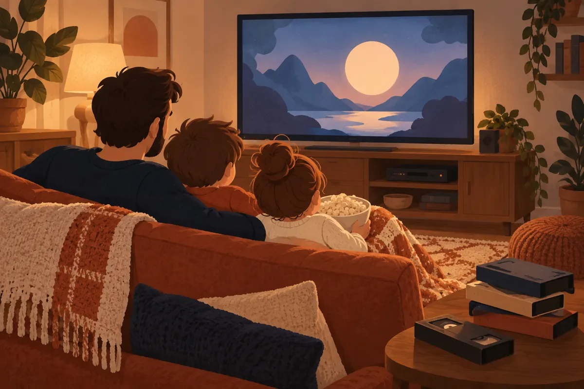 Ilustracja dorosłego i dzieci oglądających wspólnie film na kanapie